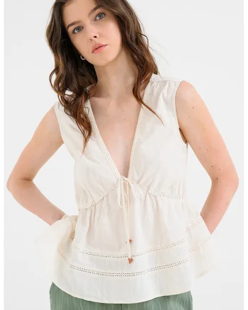 Bluza din amestec de in cu decolteu in V Nelsa, Crem