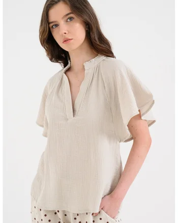 Bluza vaporoasa din bumbac cu decolteu in V, Maro camel