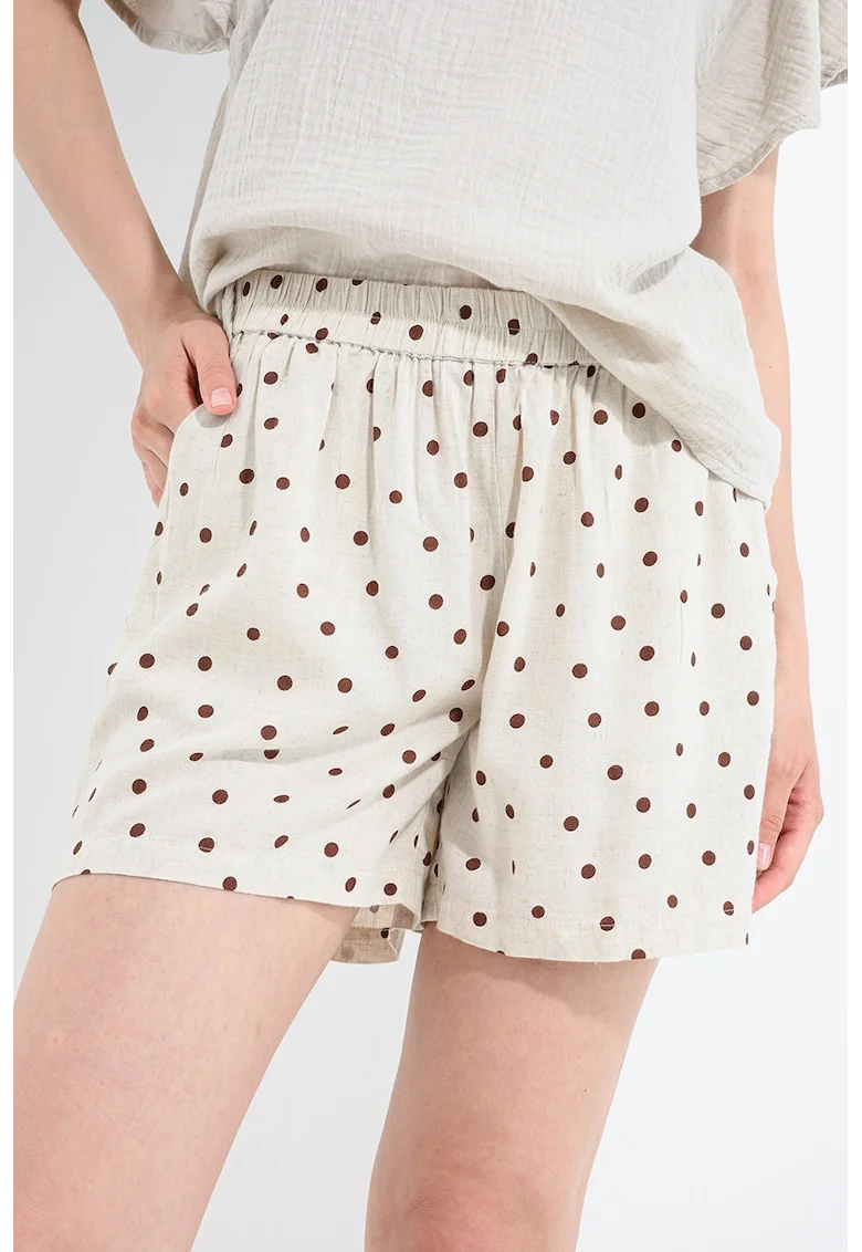 Pantaloni scurti din amestec de in cu buline, Maro cognac/Bej deschis