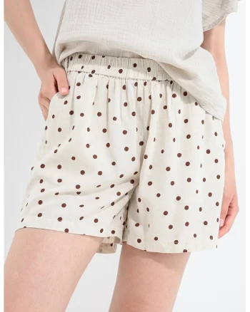 Pantaloni scurti din amestec de in cu buline, Maro cognac/Bej deschis