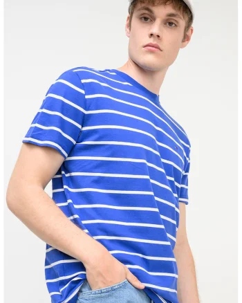 Tricou din bumbac cu dungi, Alb/Albastru royal