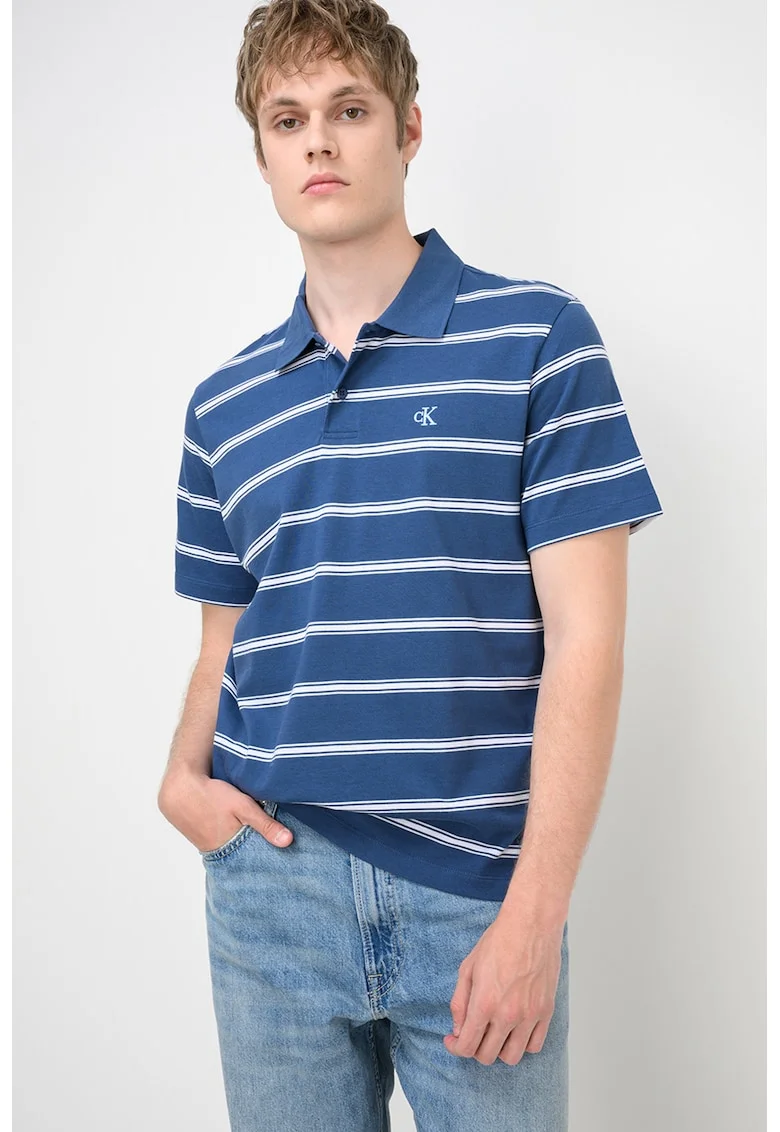 Tricou polo cu detaliu monograma si dungi, Alb/Albastru inchis