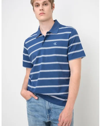 Tricou polo cu detaliu monograma si dungi, Alb/Albastru inchis