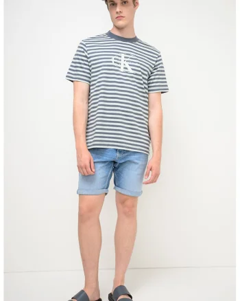 Tricou cu decolteu la baza gatului si dungi, Albastru glaciar/Gri inchis