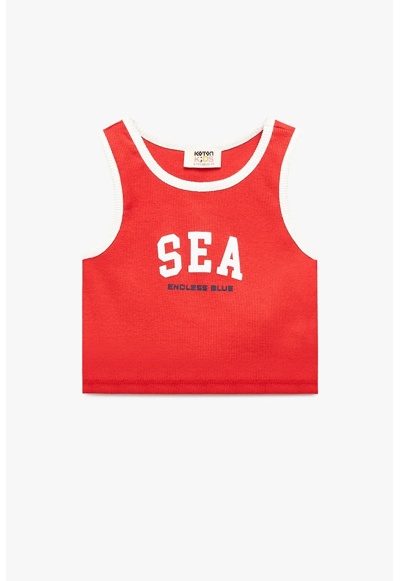 Top crop cu imprimeu text, Coral/Alb optic