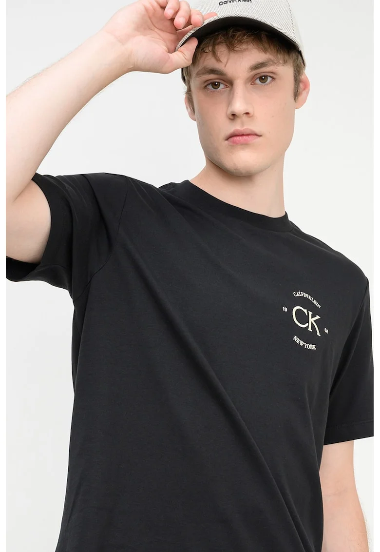 Tricou din bumbac cu imprimeu logo, Alb fildes/Negru