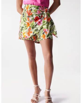 Fusta-pantalon din amestec de in cu model floral