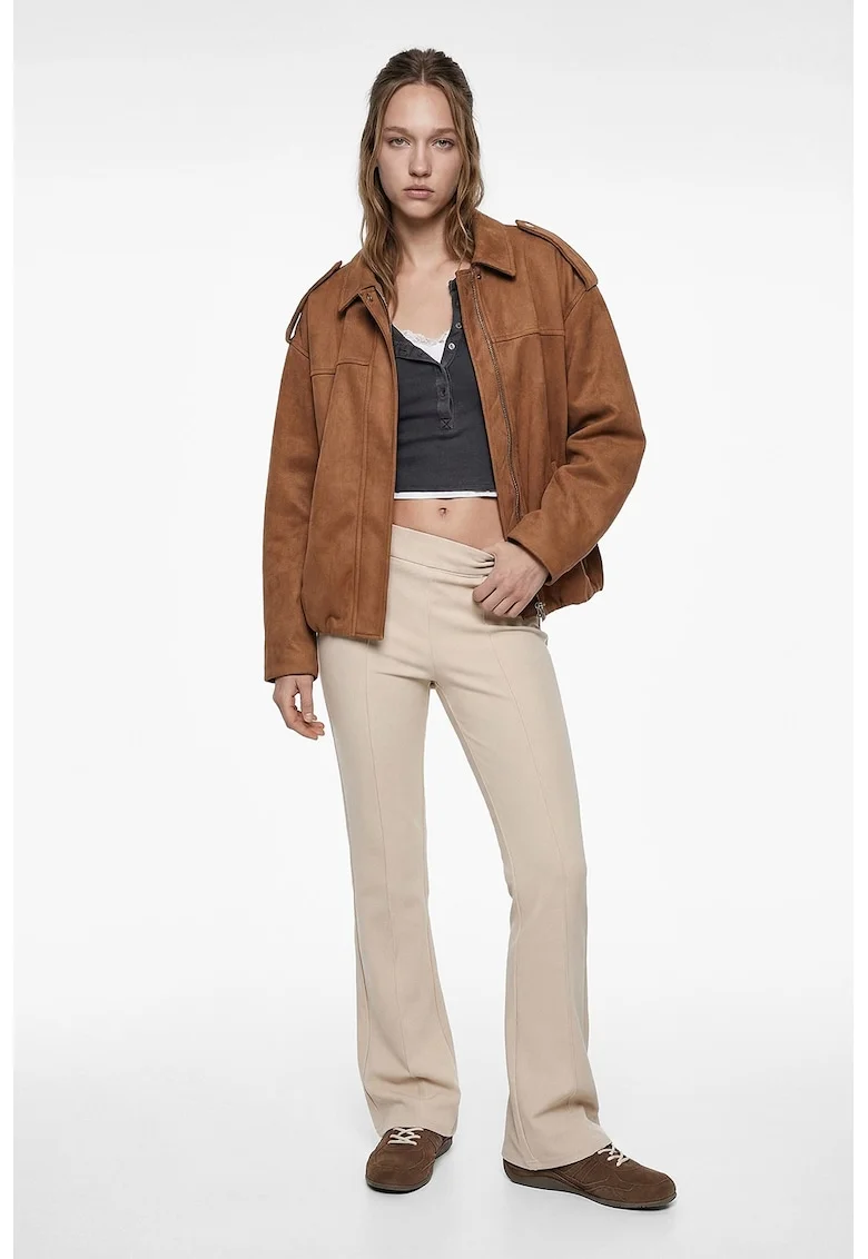 Pantaloni evazati cu talie inalta si model uni, Bej