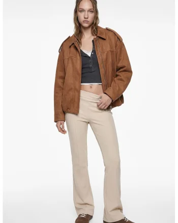 Pantaloni evazati cu talie inalta si model uni, Bej