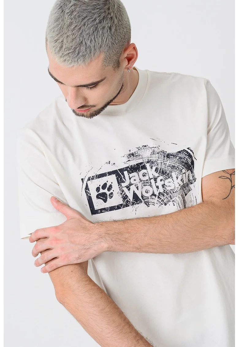 Tricou cu imprimeu si decolteu la baza gatului, Alb fildes/Negru