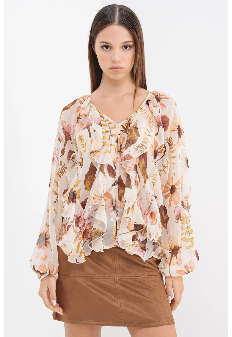 Bluza semitransparenta cu volane, Maro inchis/Roz prafuit/Bej deschis