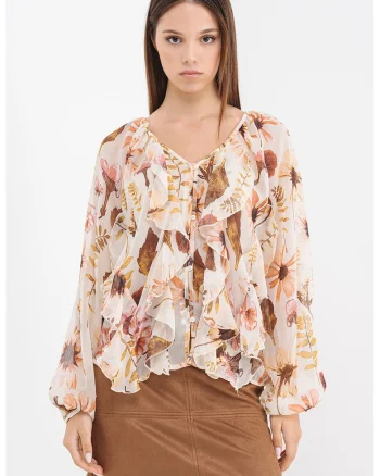 Bluza semitransparenta cu volane, Maro inchis/Roz prafuit/Bej deschis