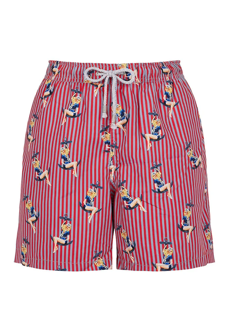 Pantaloni scurti de baie cu model si snur, Gri deschis/Caramiziu/Bleumarin