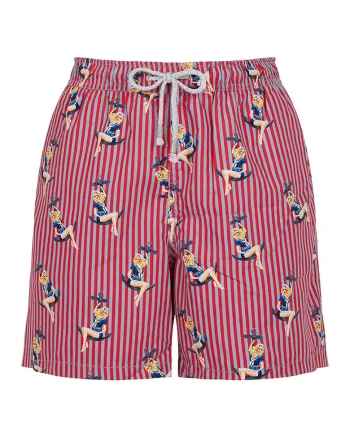 Pantaloni scurti de baie cu model si snur, Gri deschis/Caramiziu/Bleumarin