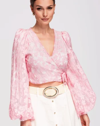 Bluza tip ie, cu maneci bufante, material semi-transparent si croiala cambrata, Roz