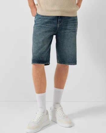 Q/S by s.Oliver Pantaloni scurti de blug barbati, din bumbac, cu talie medie, Loose fit, Albastru inchis