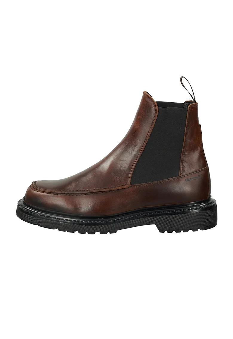 Ghete Chelsea de piele cu insertii de material textil, Maro cognac