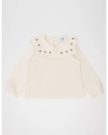 Bluza cu guler brodat, Alb fildes/Roz