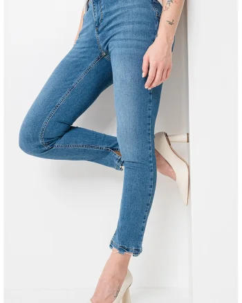 Blugi slim fit crop cu talie medie, Albastru