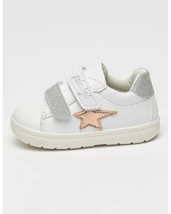 Pantofi sport cu velcro si stea decorativa, Alb/Argintiu