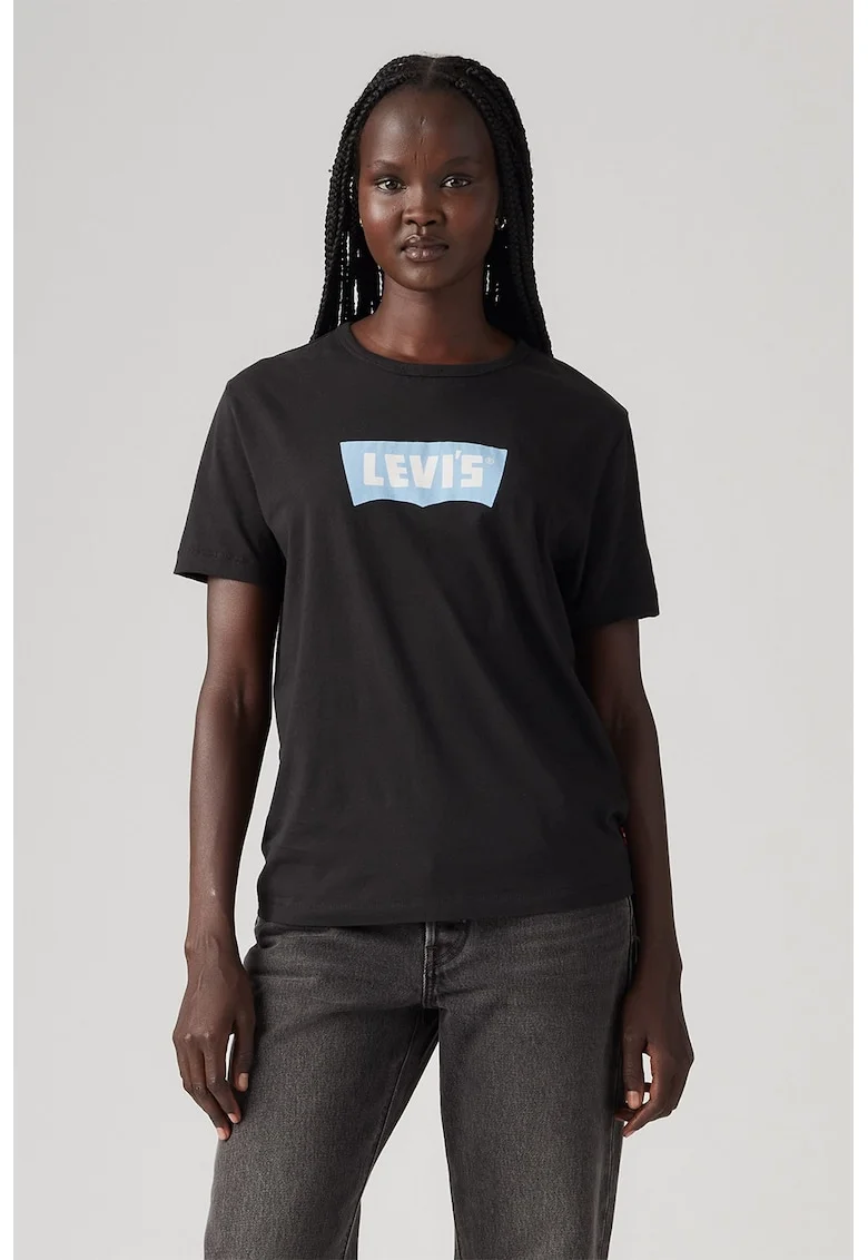 Tricou cu decolteu rotund si imprimeu logo, Negru/Albastru deschis