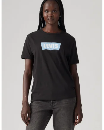 Tricou cu decolteu rotund si imprimeu logo, Negru/Albastru deschis