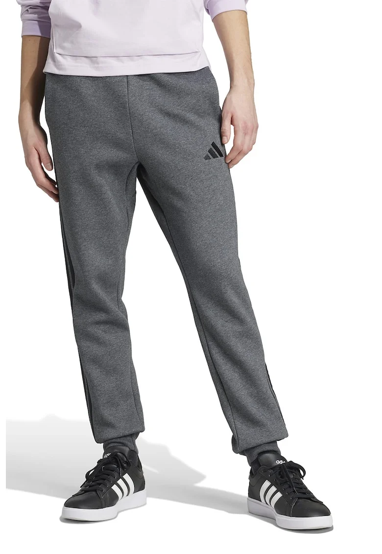 Pantaloni de trening cu logo si snur de ajustare, Negru/Gri inchis melange