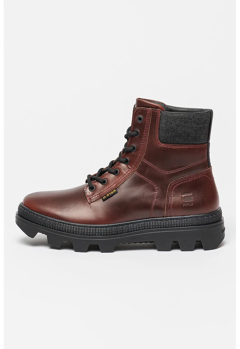 Ghete din piele cu detalii din denim Noxer, Maro cognac