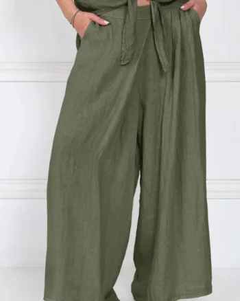 Pantaloni de vara din in cu croiala ampla si pliuri in talie, kaki