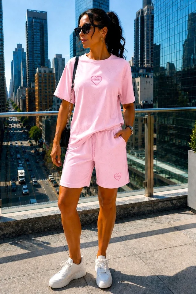 Compleu dama SORINA, sclipici, pantaloni scurti si tricou sport cu logo, Roz