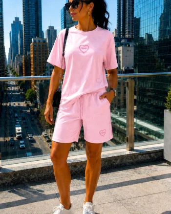 Compleu dama SORINA, sclipici, pantaloni scurti si tricou sport cu logo, Roz