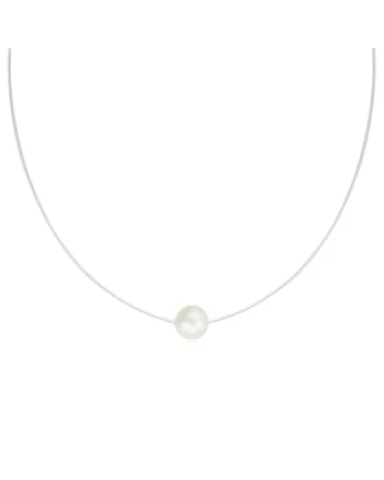 Colier silicon cu Argint 925 placat cu rodiu cu Pearl, Crem/Argintiu