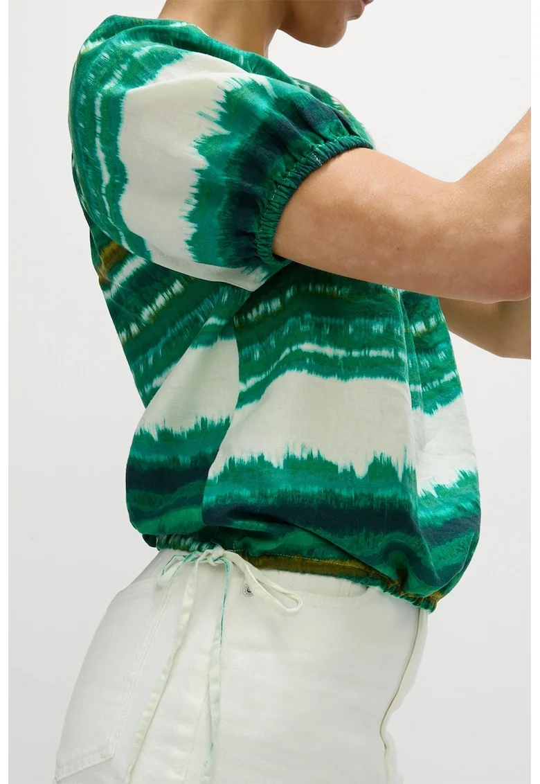 Bluza din amestec de in cu model si maneci raglan, Alb/Verde