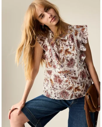 Bluza cu model si maneci cu volane, Alb/Maro/Crem