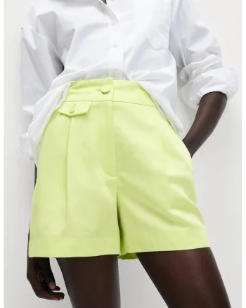 Pantaloni scurti din amestec de in cu pliuri frontale, Verde lime