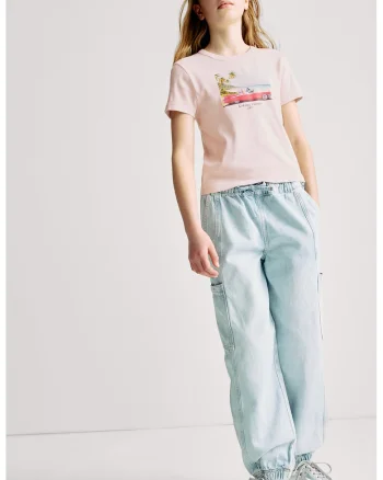 Tricou cu decolteu la baza gatului si imprimeu, Roz aprins/Roz pastel