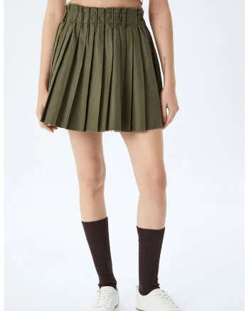 Fusta mini cu pliuri si talie inalta, Kaki inchis