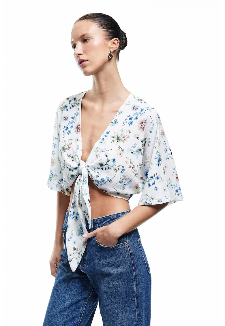 Bluza crop cu snur frontal, Alb/Albastru deschis