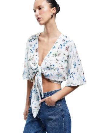 Bluza crop cu snur frontal, Alb/Albastru deschis