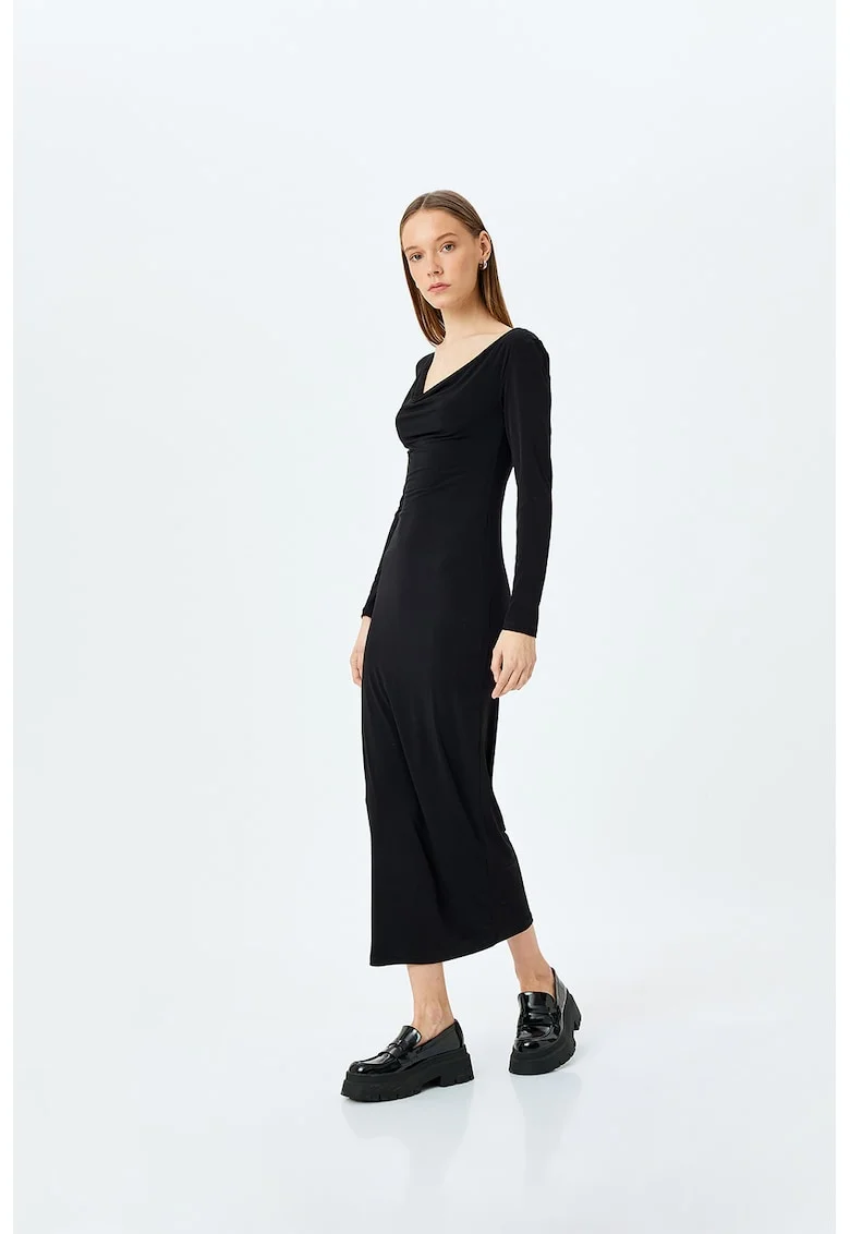 Rochie lunga cambrata cu decupaj frontal, Negru