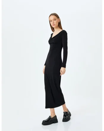 Rochie lunga cambrata cu decupaj frontal, Negru