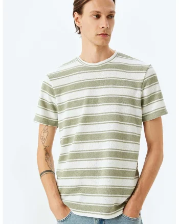 Tricou cu model in dungi, Kaki/Alb murdar