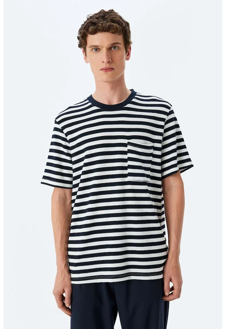 Tricou cu decolteu rotund si dungi, Alb/Albastru ultramarin