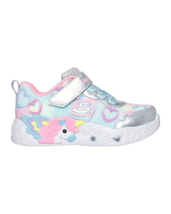 Pantofi sport Unicorn Charmer cu LED-uri si velcro, Albastru pastel/Roz pastel/Argintiu