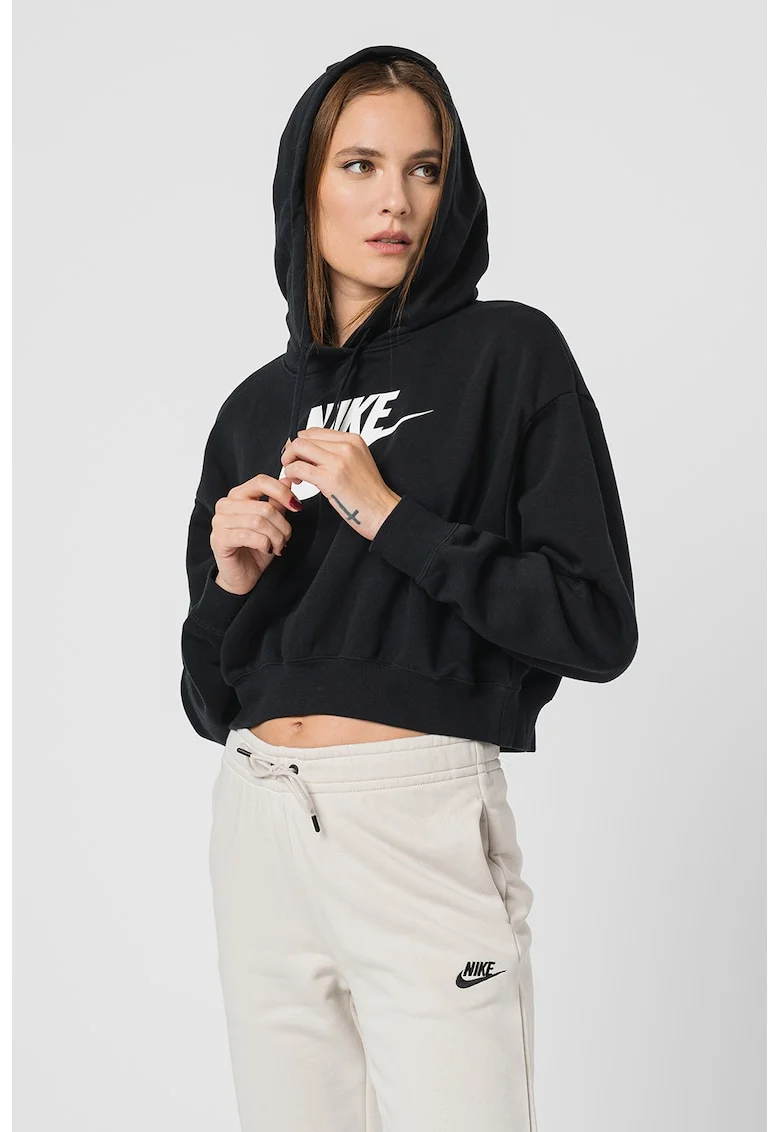 Hanorac crop supradimensionat cu imprimeu logo, Alb/Negru