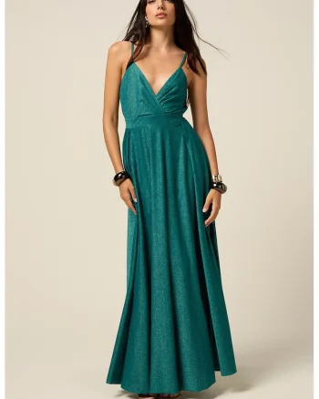 Rochie maxi cu particule stralucitoare, Verde aquamarin