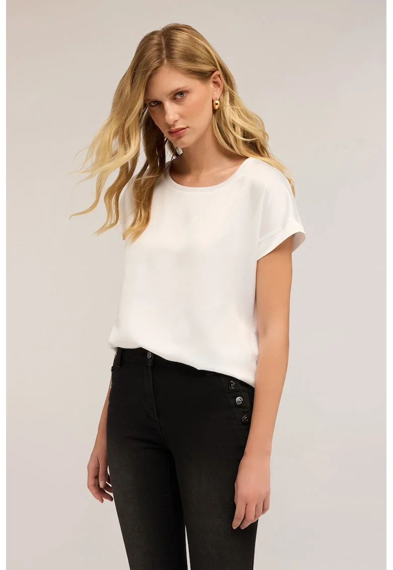 Tricou cu decolteu rotund si aspect de satin, Alb fildes
