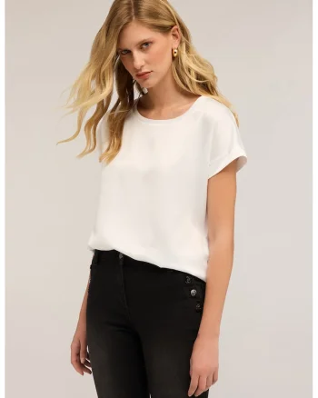 Tricou cu decolteu rotund si aspect de satin, Alb fildes
