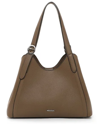 Geanta shopper din piele ecologica cu logo metalic discret, Maro taupe