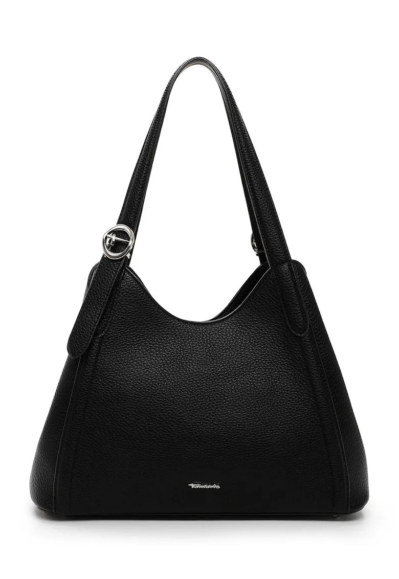 Geanta shopper din piele ecologica cu logo metalic discret, Negru